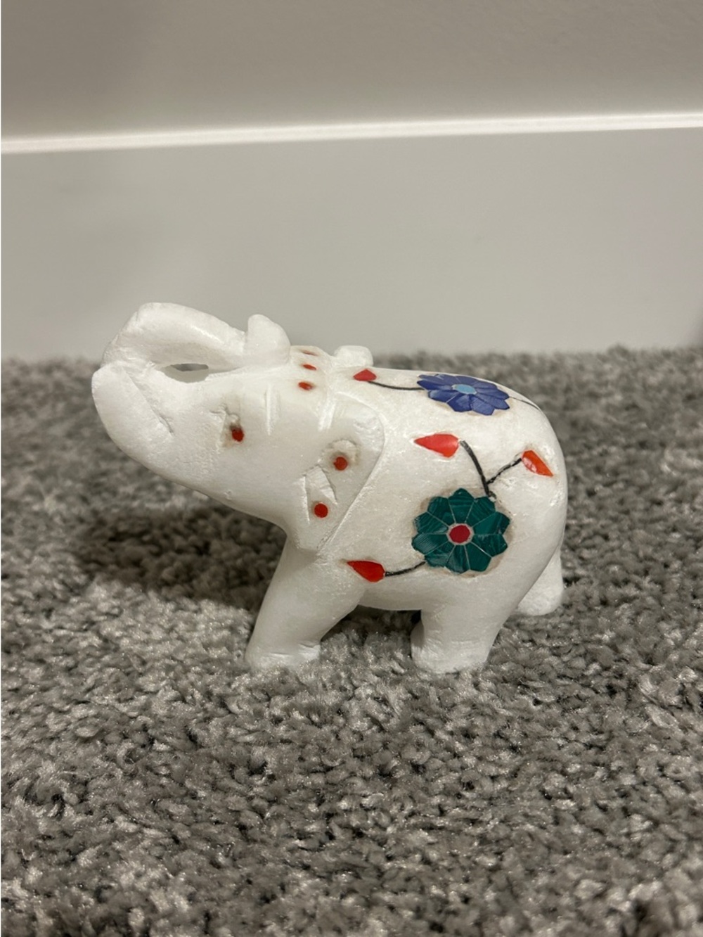 White Marble Elephant Figurine with Blue & Green Floral Inlay